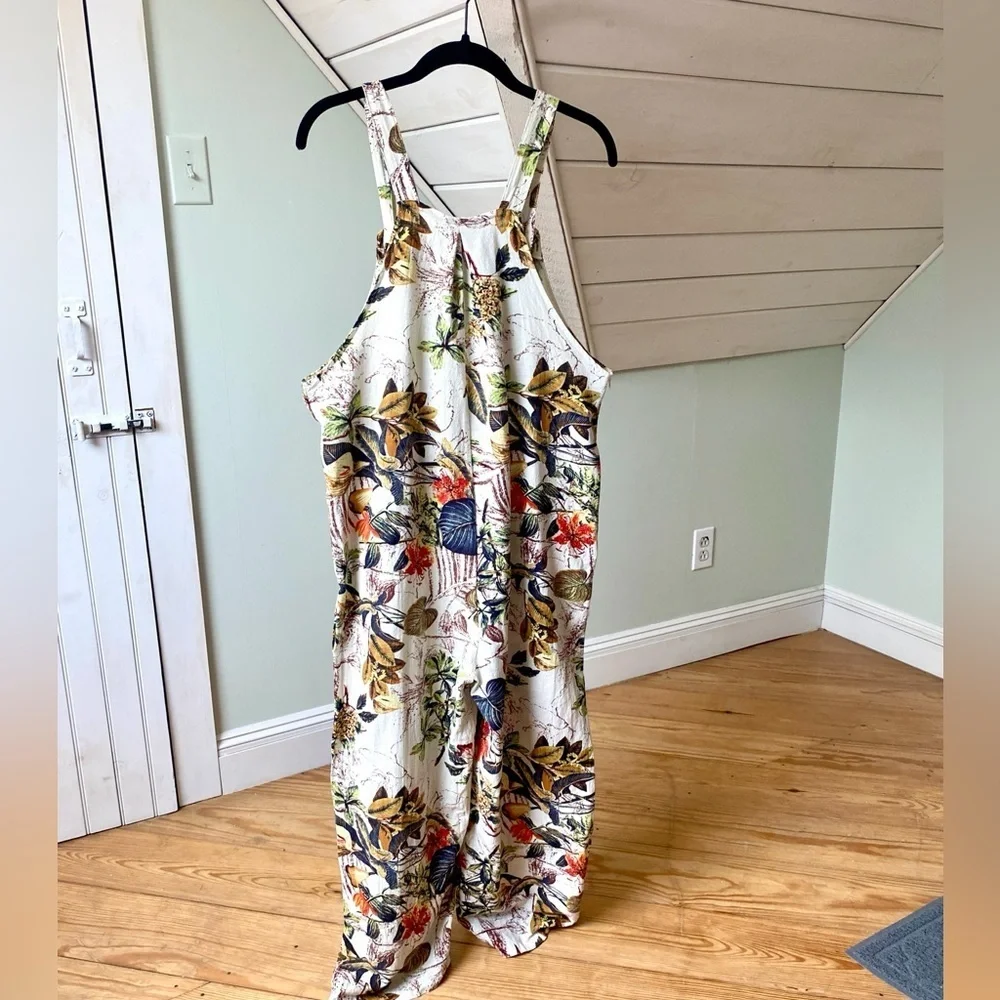 Cotton Blend Floral Plant Foliage Overalls Medium Button Straps Side Zipper - Picture 7 of 13